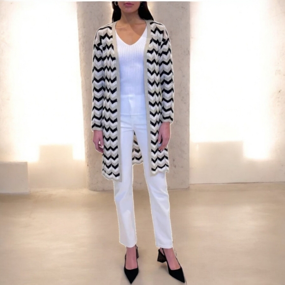 Jaclyn Smith Pointelle Crochet Striped Cardigan Duster Size L -EUC - Picture 2 of 9